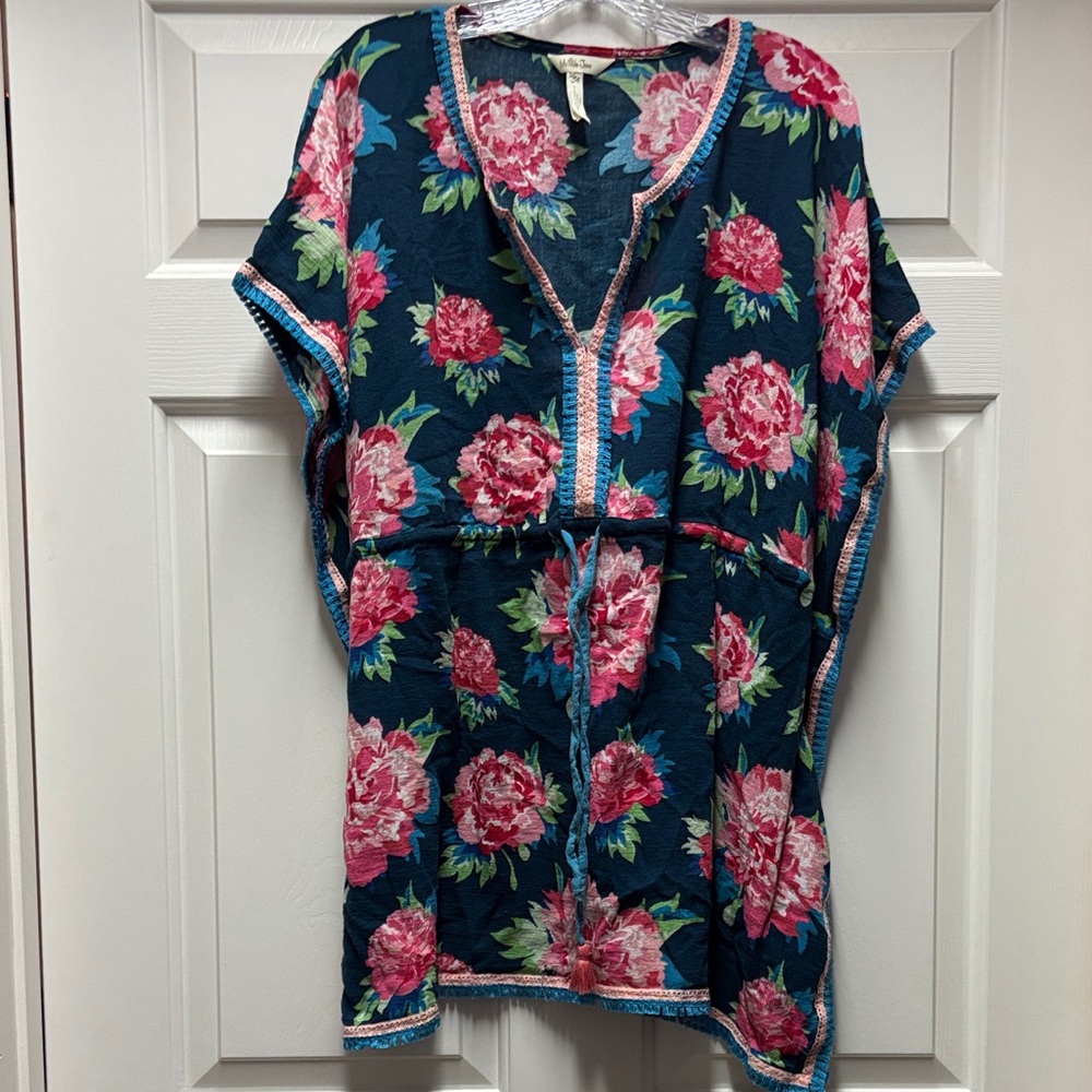 Matilda Jane Floral Kaftan swim dress coverup Pink Blue fringe crochet M